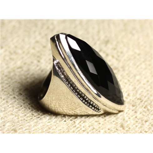 N348 - Bague Argent 925 Onyx Noir facetté Marquise 34x14mm