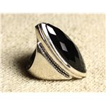 N348 - Bague Argent 925 Onyx Noir facetté Marquise 34x14mm 