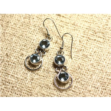 BO201 - Boucles d'Oreilles Argent 925 28mm - Topaze Bleue Facettée Ronds 7mm 