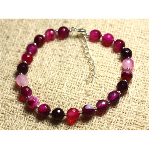 Bracelet Argent 925 et Pierre - Agate Rose Fuchsia Facettée 6mm