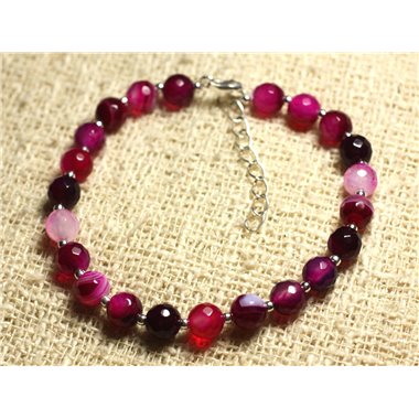 Bracelet Argent 925 et Pierre - Agate Rose Fuchsia Facettée 6mm