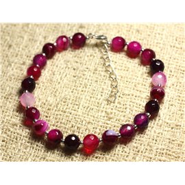Bracelet 925 Silver and Stone - Faceted Fuchsia Pink Agate 6mm