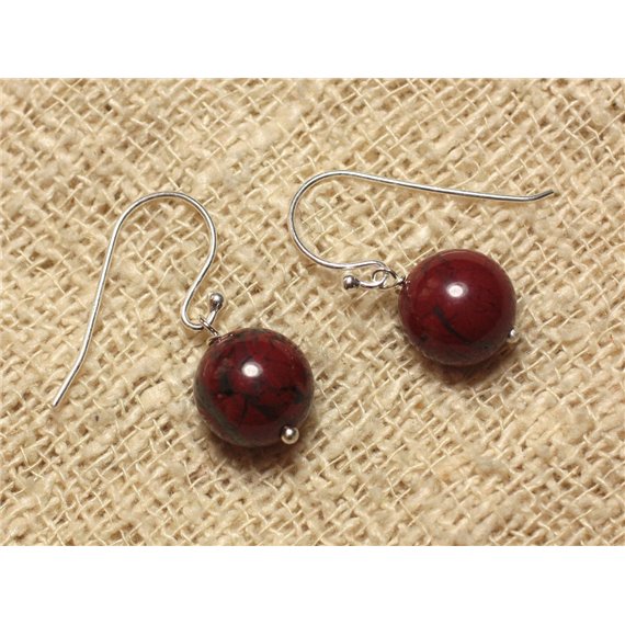 Boucles d'Oreilles Argent 925 et Pierre - Jaspe Rouge Poppy 10mm 