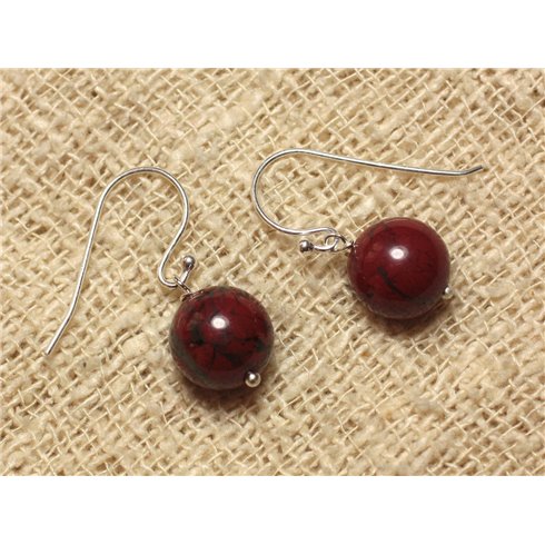 Boucles d'Oreilles Argent 925 et Pierre - Jaspe Rouge Poppy 10mm 