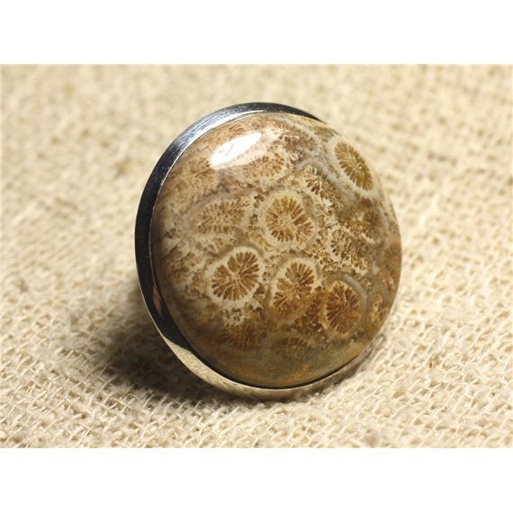 Bague Argent 925 et Pierre Taille Réglable - Corail Fossile Rond 32mm 