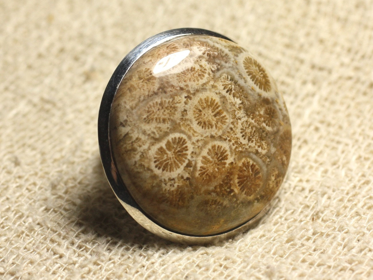 Bague Argent 925 et Pierre Taille Réglable - Corail Fossile Rond 32mm 