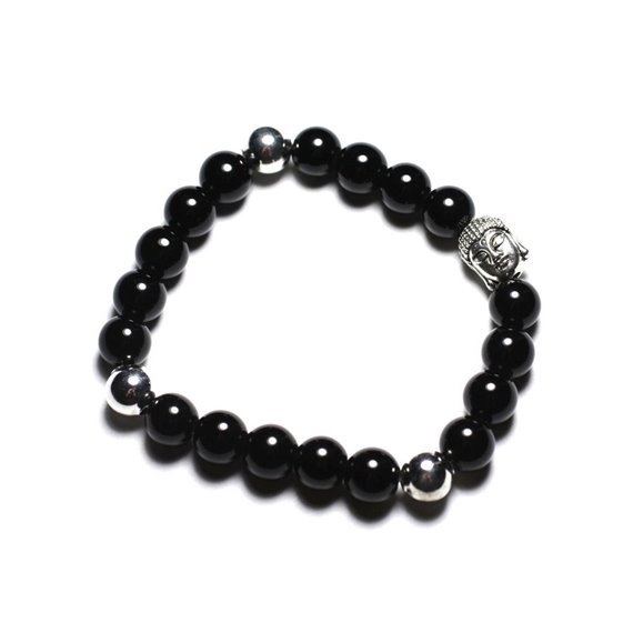 Bracelet Bouddha et Pierre semi précieuse - Onyx Noir 8mm 