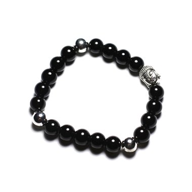 Bracelet Bouddha et Pierre semi précieuse - Onyx Noir 8mm 