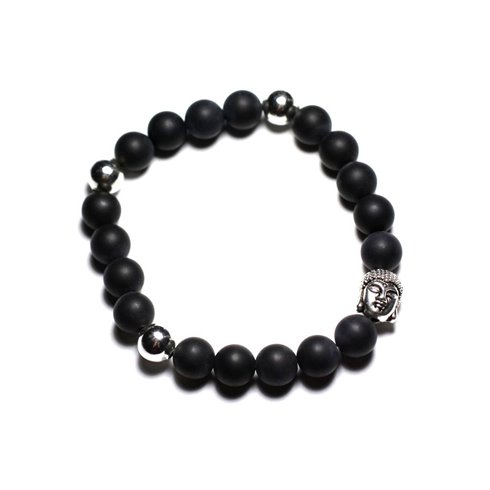 Bracelet Bouddha et Pierre semi précieuse - Onyx Noir Mat 8mm 