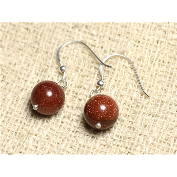 Boucles d'Oreilles Argent 925 et Pierre - Pierre de Soleil Synthèse Boules 10mm 