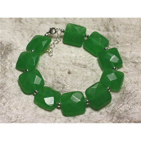 Bracelet Argent 925 et Pierre - Jade Verte Carrés Facettés 14mm