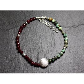 Bracelet 925 Silver and Stones - Garnet and African Turquoise Round 4mm 