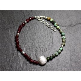 Pulsera Plata 925 y Piedras - Granate y Turquesa Africana Redonda 4mm 