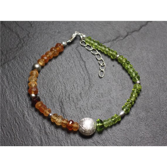 Bracelet Argent 925 et Pierres - Grenat Hessonite et Péridot Facettés 3-5mm 