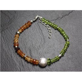 Bracelet 925 Silver and Stones - Hessonite Garnet and Faceted Peridot 3-5mm 