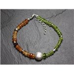 Bracelet Argent 925 et Pierres - Grenat Hessonite et Péridot Facettés 3-5mm 