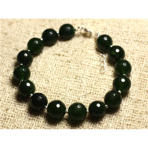 Bracelet Argent 925 et Pierre - Jade Facettée 10mm Vert anglais 