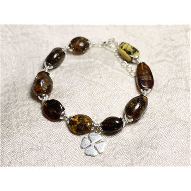 Bracelet Argent massif 925 et Ambre naturelle - Olives 12-18mm et Trèfle 4 feuilles 