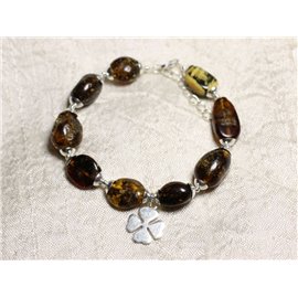 Bracelet Argent massif 925 et Ambre naturelle - Olives 12-18mm et Trèfle 4 feuilles 