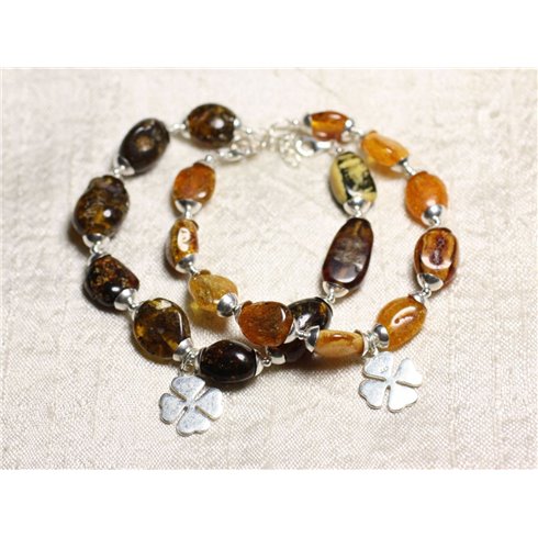 Bracelet Argent massif 925 et Ambre naturelle - Olives 12-18mm et Trèfle 4 feuilles 
