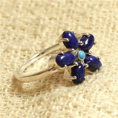 N113 - Bague Argent massif 925 et Pierre - Lapis Lazuli et Turquoise Fleur 15mm 