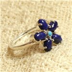 N113 - Bague Argent massif 925 et Pierre - Lapis Lazuli et Turquoise Fleur 15mm 