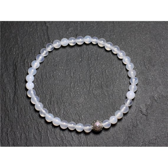 Bracelet Pierre semi précieuse Agate Blanche 4mm et Perle argentée 