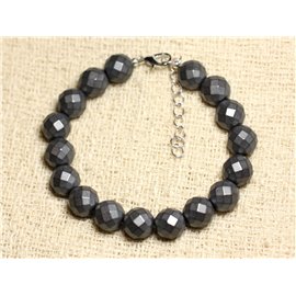 Bracciale Argento 925 e Pietra - Sfere Sfaccettate Ematite Opaca 10mm 