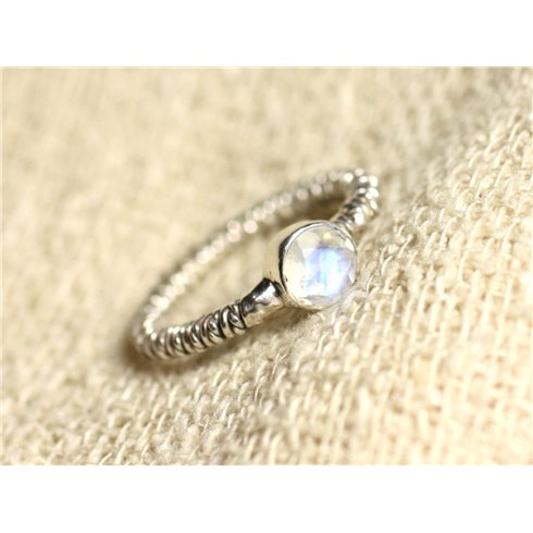 N225 - Bague Argent 925 et Pierre de Lune Facettée Rond 6mm
