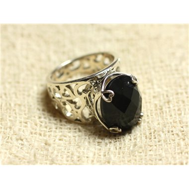 n111 - Bague Argent 925 et Pierre - Onyx Noir Ovale Facetté 16x12mm 