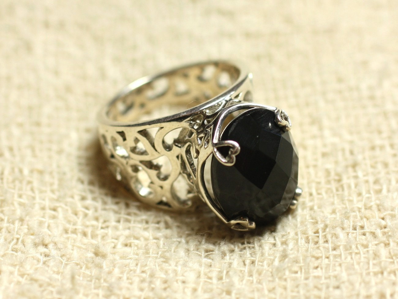 n111 - Bague Argent 925 et Pierre - Onyx Noir Ovale Facetté 16x12mm 