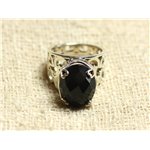 n111 - Bague Argent 925 et Pierre - Onyx Noir Ovale Facetté 16x12mm 