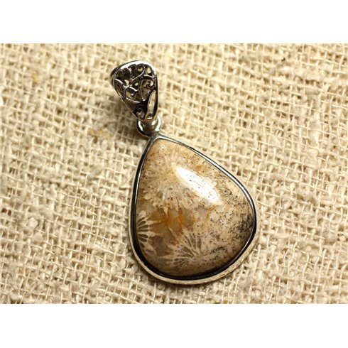 N2 - Pendentif Argent 925 et Pierre - Corail Fossile Goutte 24x20mm 