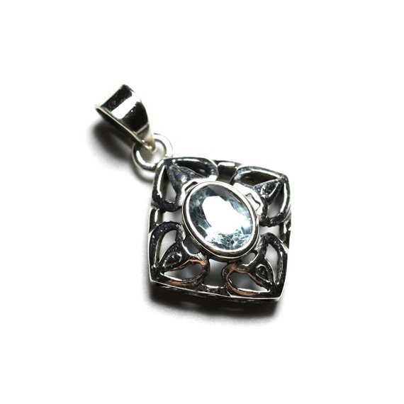 PE110 - Pendentif Argent 925 et Pierre - Losange Filigrane Arabesques 20mm Topaze Bleue 