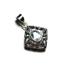 PE110 - 925 Silver Pendant and Stone - Diamonds Filigree Arabesques 20mm Blue Topaz 