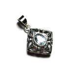 PE110 - Pendentif Argent 925 et Pierre - Losange Filigrane Arabesques 20mm Topaze Bleue 