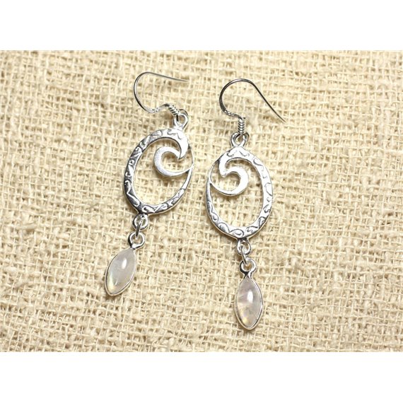 BO227 - Boucles d'Oreilles Argent 925 et Pierre - Pendantes Spirale 41mm Pierre de Lune Arc en Ciel 