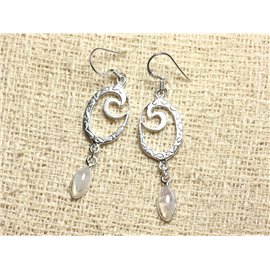 BO227 - 925 Sterling Silver and Stone Earrings - Spiral Pendant 41mm Rainbow Moon Stone 
