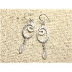 BO227 - Boucles d'Oreilles Argent 925 et Pierre - Pendantes Spirale 41mm Pierre de Lune Arc en Ciel 