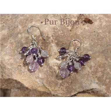 Boucles Argent 925 - Améthyste - Quartz Rose et Cristal de Roche