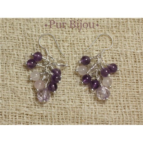 Boucles Argent 925 - Améthyste - Quartz Rose et Cristal de Roche