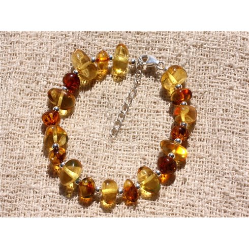 Bracelet Argent 925 et Pierre Ambre Naturelle Baltique Rondelles Miel Cognac Jaune Orange