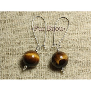 Boucles d'Oreilles Pierre Semi Précieuse - Oeil de Tigre 16 mm