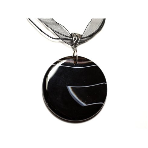 N3 - Collier Pendentif en Pierre - Agate noire et blanche rond 50mm 