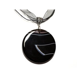 N3 - Stone Pendant Necklace - Black and white agate round 50mm 