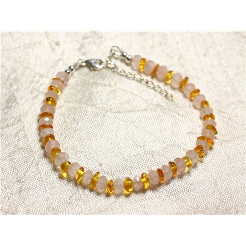 Bracelet Argent 925 Pierre Quartz rose et Ambre naturelle 5-6mm 
