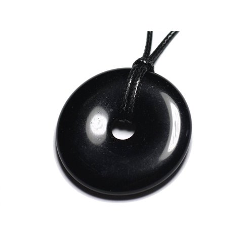 Collier Pendentif Pierre - Obsidienne Noire Rond Cercle Donut Pi 40mm