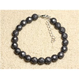 Bracelet 925 Silver and Stone - Hematite Faceted Balls Matte 8mm 