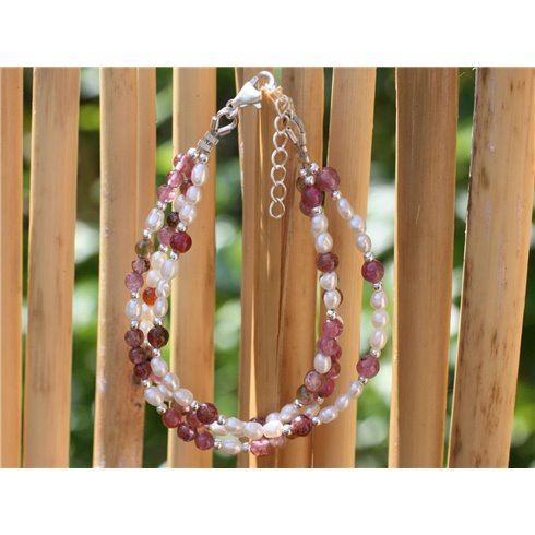Bracelet Tourmaline Rose - Perles de Culture Blanches et Argent 925
