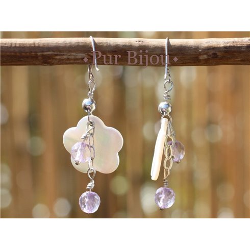 Boucles Argent 925 - Améthyste Facettée et Fleurs en Nacre